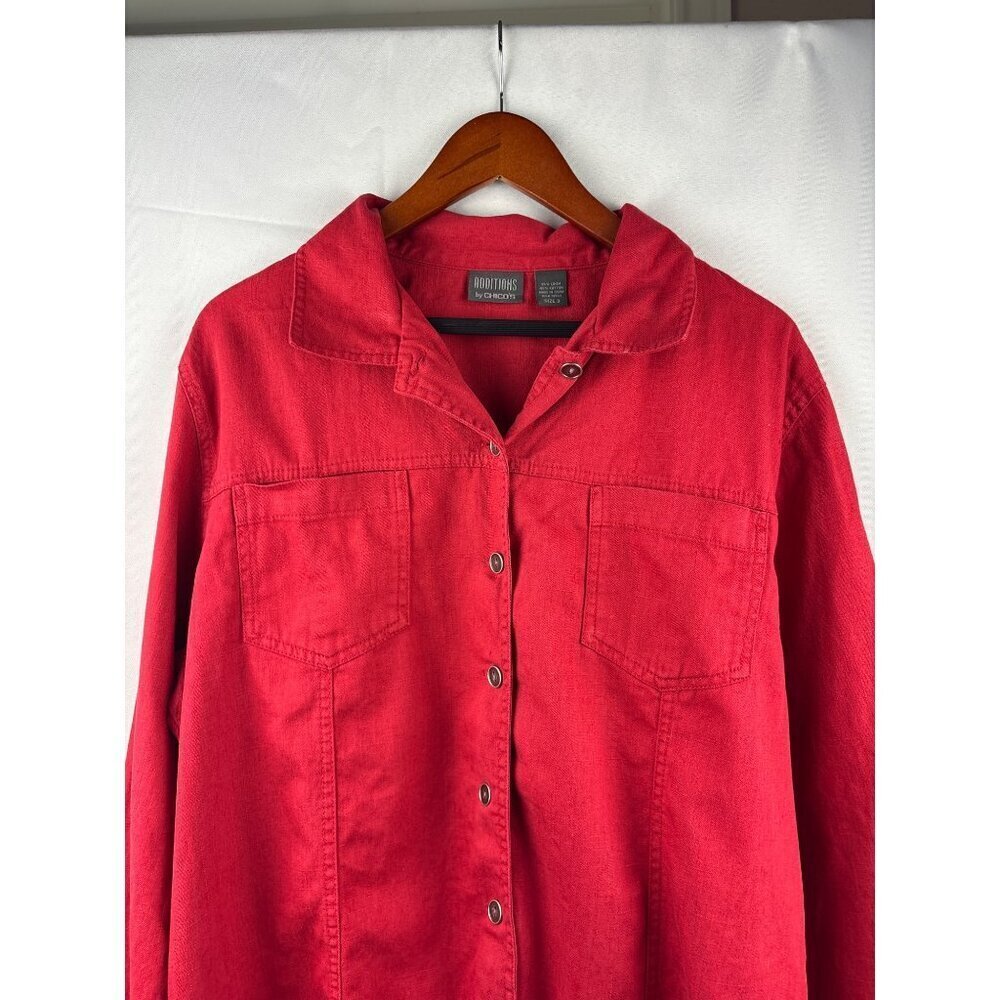Additions By Chicos Womens Red Button-Front Long Sleeve Shirt Jacket Size 3 Line
